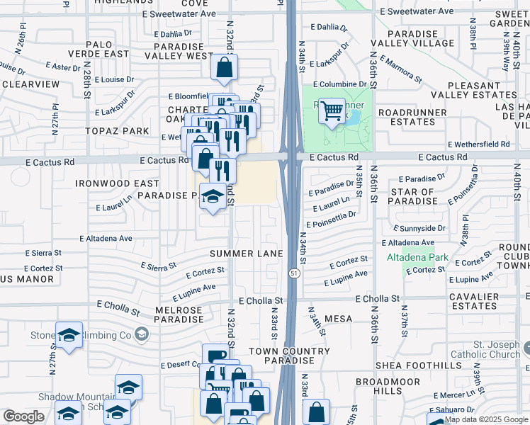 map of restaurants, bars, coffee shops, grocery stores, and more near 11837 North 32nd Place in Phoenix