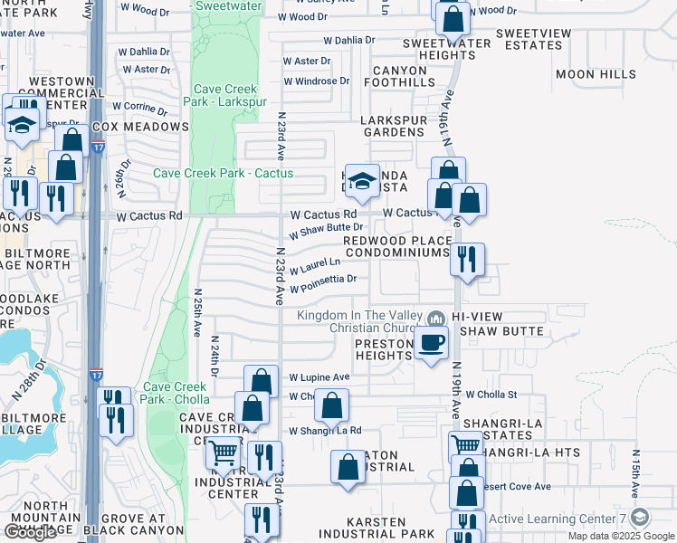 map of restaurants, bars, coffee shops, grocery stores, and more near 2138 West Poinsettia Drive in Phoenix