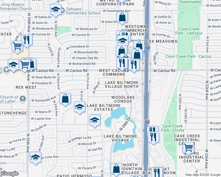 map of restaurants, bars, coffee shops, grocery stores, and more near 2912 West Laurel Lane in Phoenix