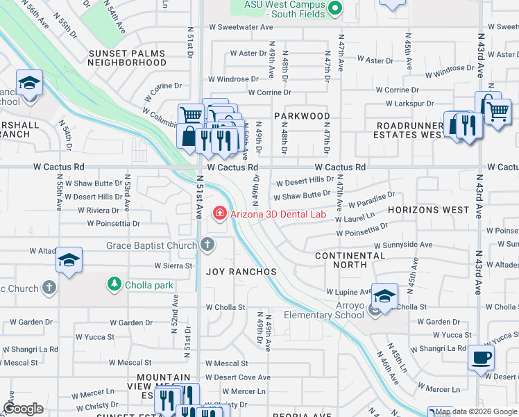 map of restaurants, bars, coffee shops, grocery stores, and more near 11816 North 49th Drive in Glendale