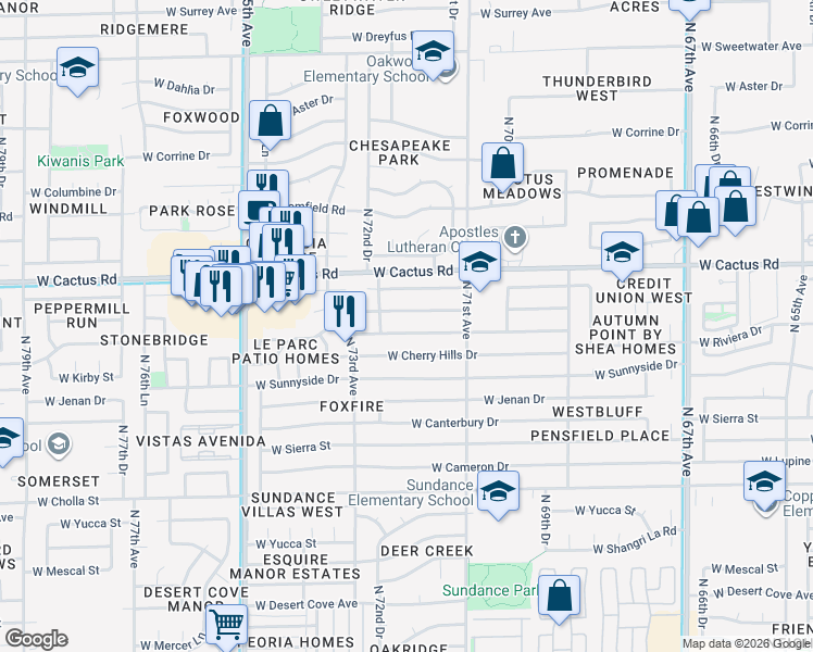 map of restaurants, bars, coffee shops, grocery stores, and more near 7202 West Laurel Lane in Peoria