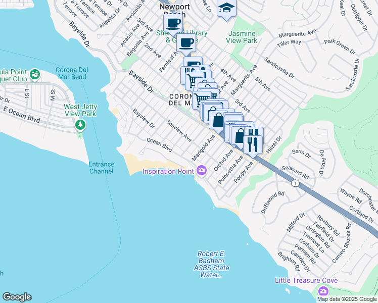 map of restaurants, bars, coffee shops, grocery stores, and more near 3300 Ocean Boulevard in Newport Beach
