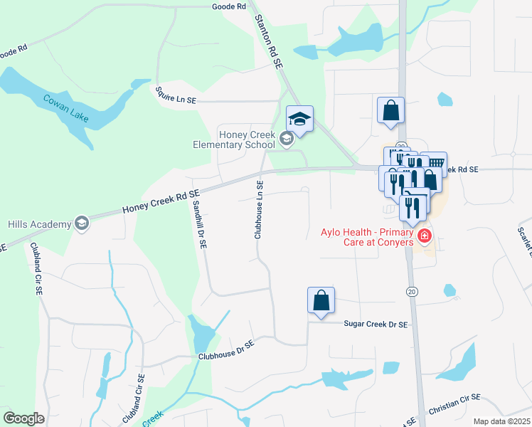 map of restaurants, bars, coffee shops, grocery stores, and more near 3750 Clubhouse Lane Southeast in Conyers