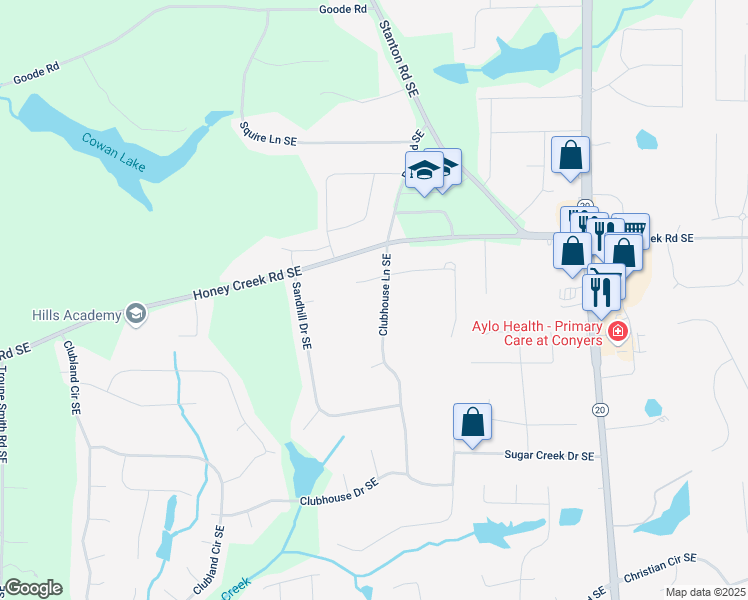 map of restaurants, bars, coffee shops, grocery stores, and more near 3573 Clubhouse Lane Southeast in Conyers