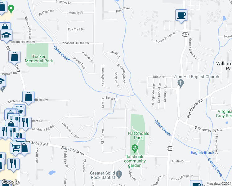 map of restaurants, bars, coffee shops, grocery stores, and more near 2041 Sitser Lane in Atlanta