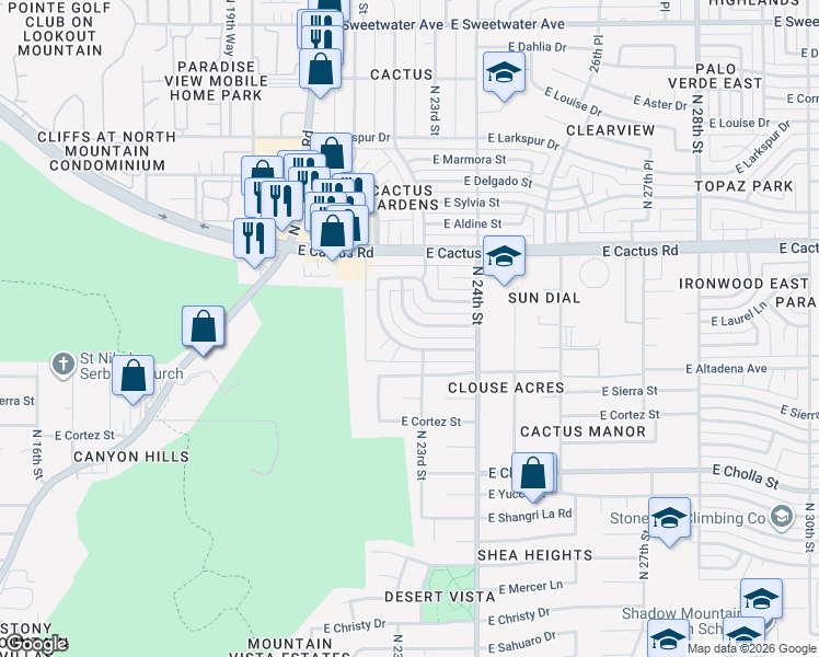 map of restaurants, bars, coffee shops, grocery stores, and more near 2216 East Poinsettia Drive in Phoenix