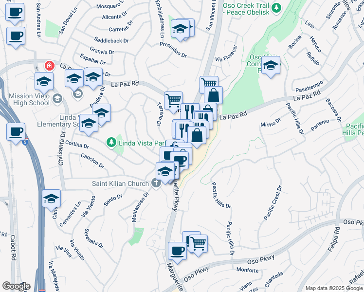 map of restaurants, bars, coffee shops, grocery stores, and more near 25380 Marguerite Parkway in Mission Viejo