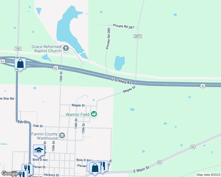 map of restaurants, bars, coffee shops, grocery stores, and more near 1209 County Road 2875 in Honey Grove