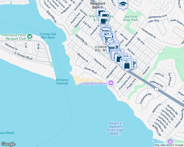 map of restaurants, bars, coffee shops, grocery stores, and more near 3116 Breakers Drive in Newport Beach