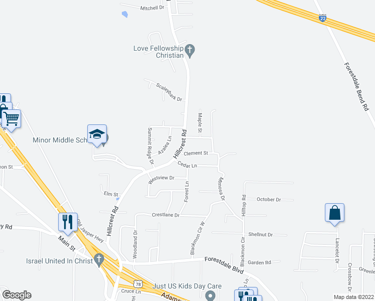 map of restaurants, bars, coffee shops, grocery stores, and more near 604 Hillcrest Road in Adamsville