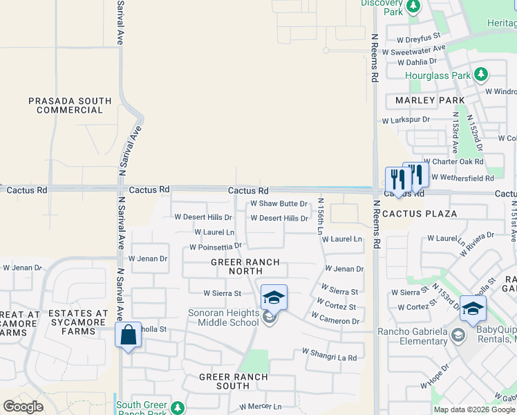 map of restaurants, bars, coffee shops, grocery stores, and more near 15862 West Desert Hills Drive in Surprise
