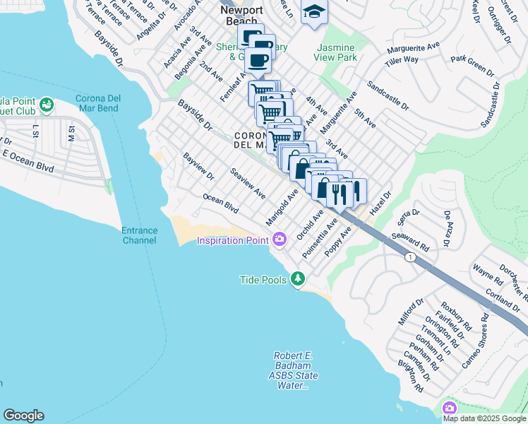 map of restaurants, bars, coffee shops, grocery stores, and more near 3300 Ocean Boulevard in Newport Beach