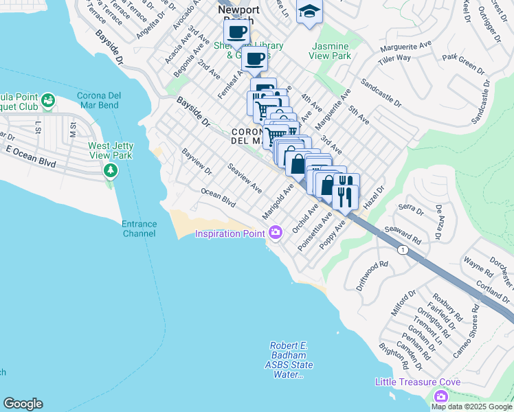 map of restaurants, bars, coffee shops, grocery stores, and more near 212 Marguerite Avenue in Newport Beach
