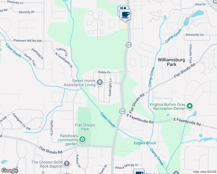 map of restaurants, bars, coffee shops, grocery stores, and more near 5890 Seabright Lane in Atlanta