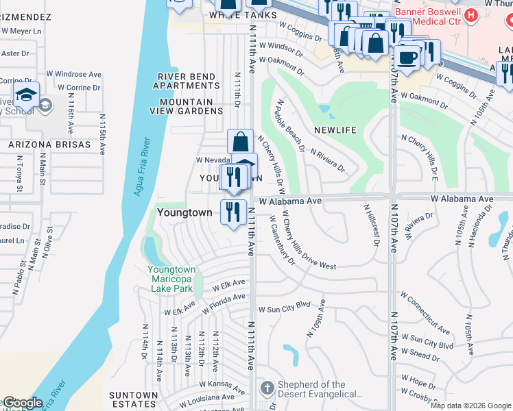 map of restaurants, bars, coffee shops, grocery stores, and more near 12020 North 111th Avenue in Youngtown