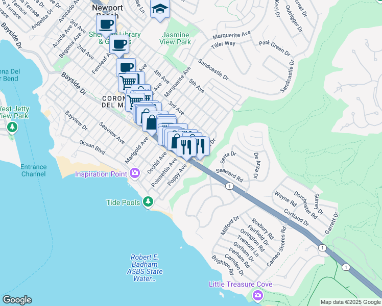 map of restaurants, bars, coffee shops, grocery stores, and more near 405 Poppy Avenue in Newport Beach