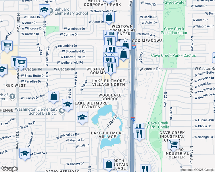 map of restaurants, bars, coffee shops, grocery stores, and more near 11666 North 28th Drive in Phoenix