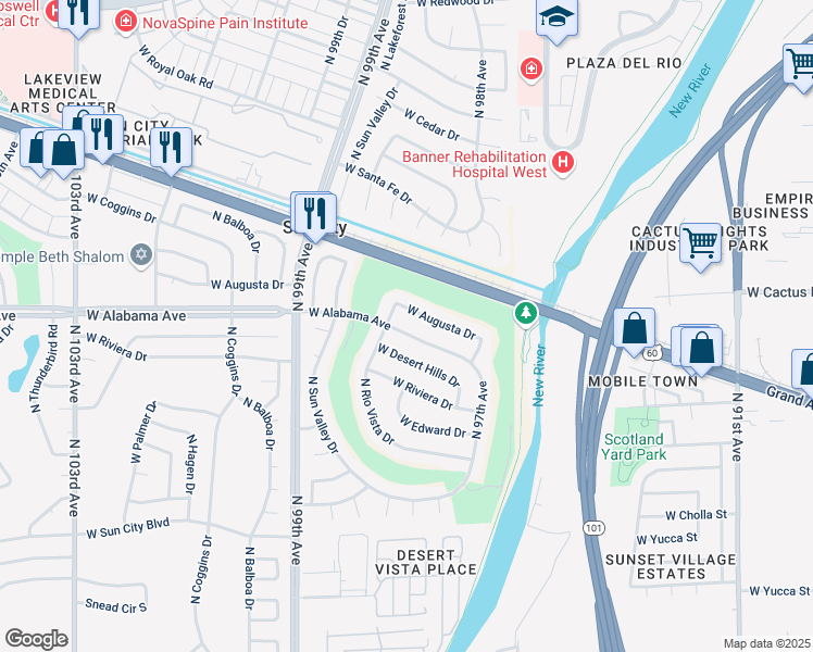 map of restaurants, bars, coffee shops, grocery stores, and more near 9734 West Alabama Avenue in Sun City