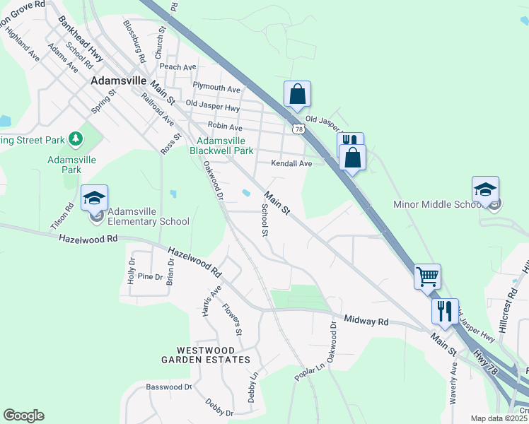 map of restaurants, bars, coffee shops, grocery stores, and more near 101 Brown Street in Adamsville