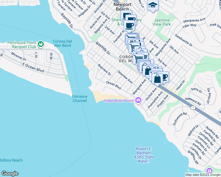 map of restaurants, bars, coffee shops, grocery stores, and more near Breakers Drive in Newport Beach