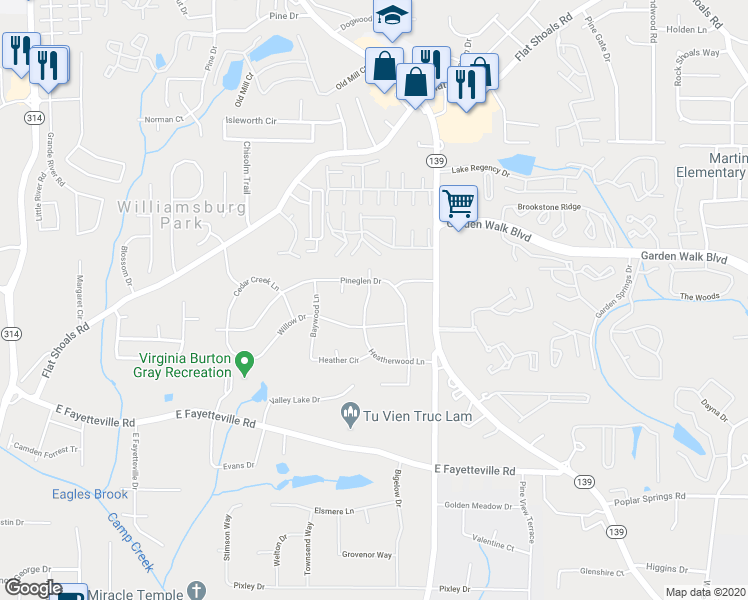 map of restaurants, bars, coffee shops, grocery stores, and more near 5904 Heatherwood Lane in Riverdale