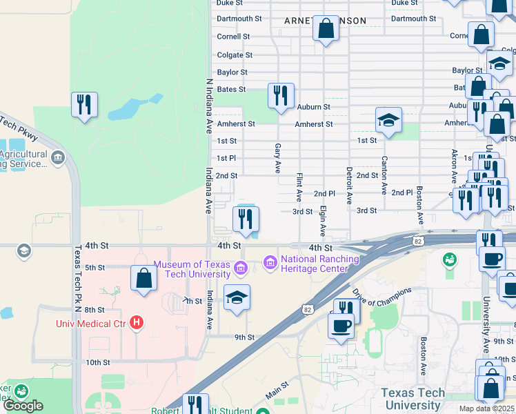 map of restaurants, bars, coffee shops, grocery stores, and more near 3114 4th Street in Lubbock