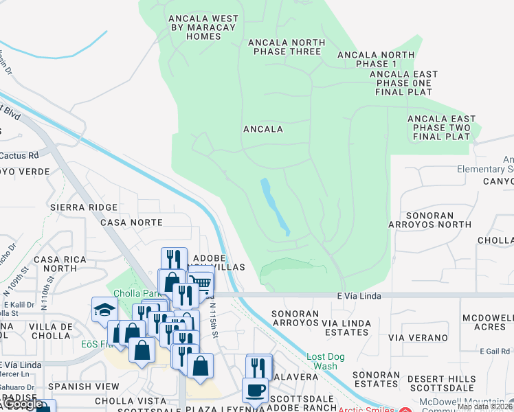 map of restaurants, bars, coffee shops, grocery stores, and more near 11856 North 114th Way in Scottsdale