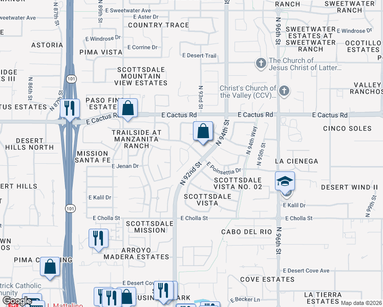 map of restaurants, bars, coffee shops, grocery stores, and more near 11838 North 93rd Street in Scottsdale