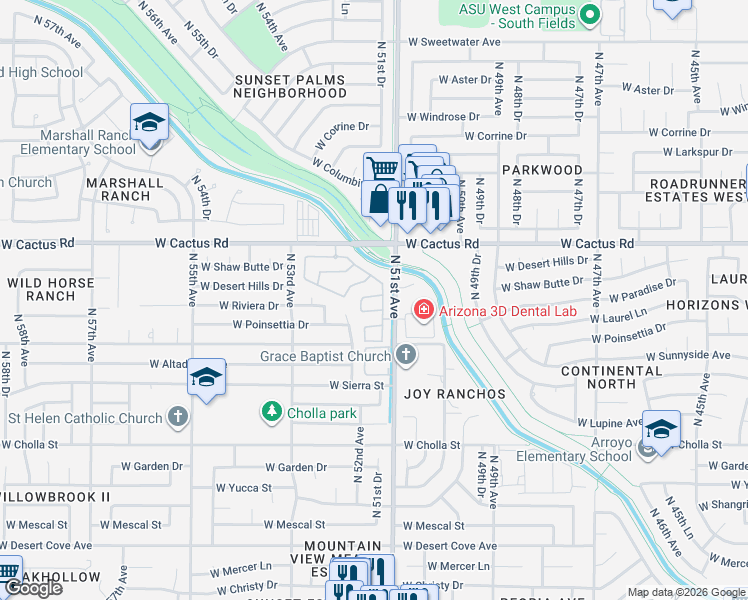 map of restaurants, bars, coffee shops, grocery stores, and more near 5170 West Riviera Drive in Glendale