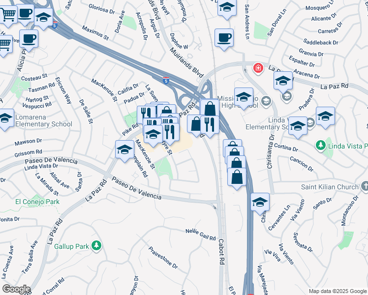 map of restaurants, bars, coffee shops, grocery stores, and more near 25855 Spruce Lane in Laguna Hills