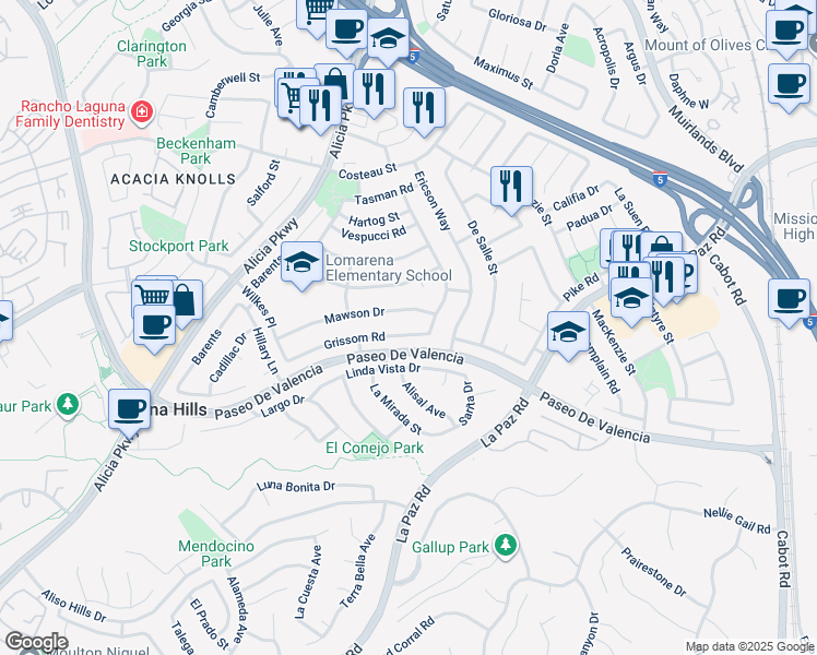 map of restaurants, bars, coffee shops, grocery stores, and more near 25261 Grissom Road in Laguna Hills