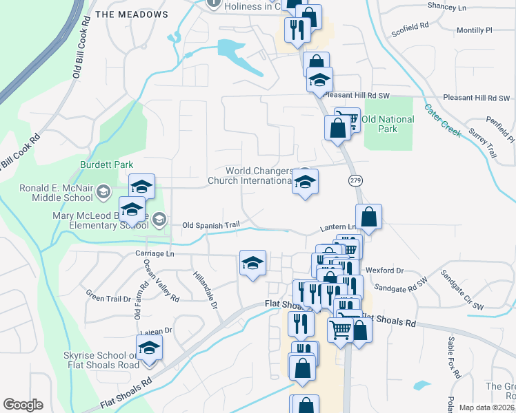 map of restaurants, bars, coffee shops, grocery stores, and more near 2613 Old Spanish Trail in College Park