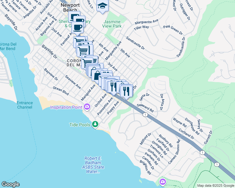 map of restaurants, bars, coffee shops, grocery stores, and more near in Newport Beach