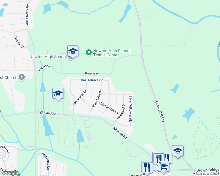 map of restaurants, bars, coffee shops, grocery stores, and more near 435 Oak Terrace Drive in Covington