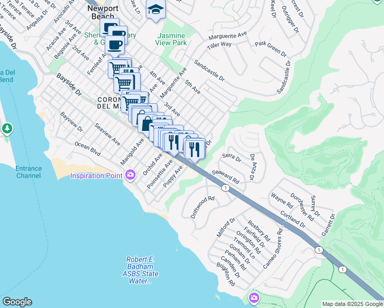 map of restaurants, bars, coffee shops, grocery stores, and more near Poppy Avenue in Newport Beach