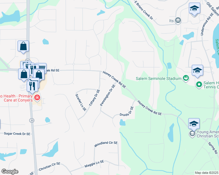 map of restaurants, bars, coffee shops, grocery stores, and more near 3611 Pennington Drive Southeast in Conyers