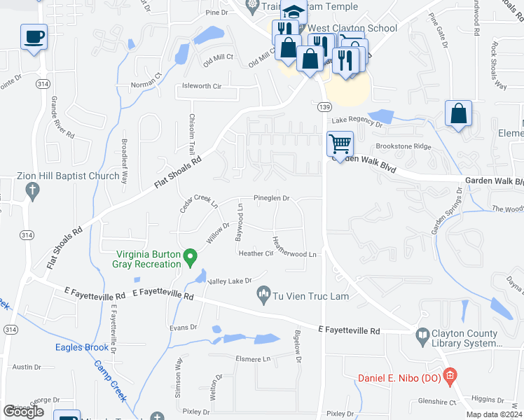 map of restaurants, bars, coffee shops, grocery stores, and more near 5906 Pineglen Court in Riverdale