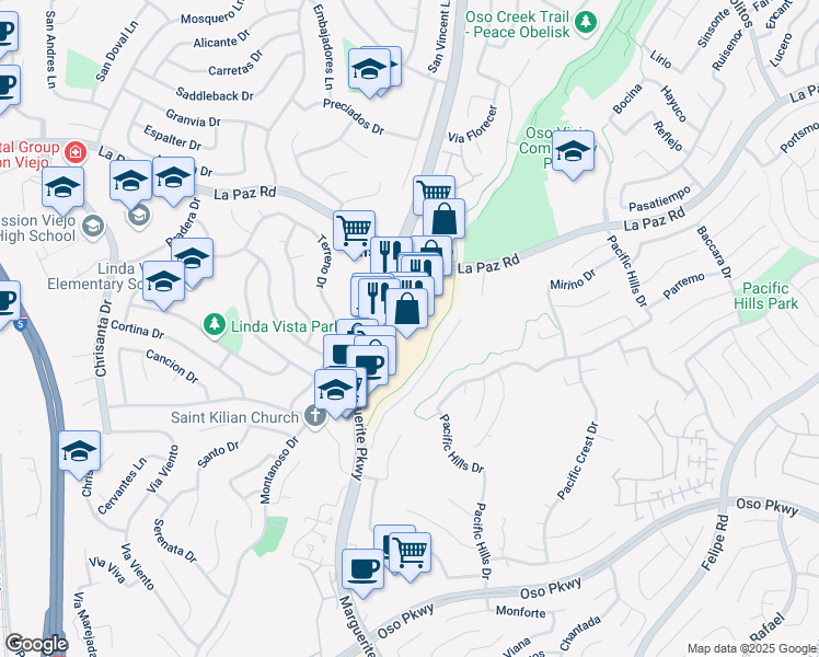 map of restaurants, bars, coffee shops, grocery stores, and more near 25290 Marguerite Parkway in Mission Viejo