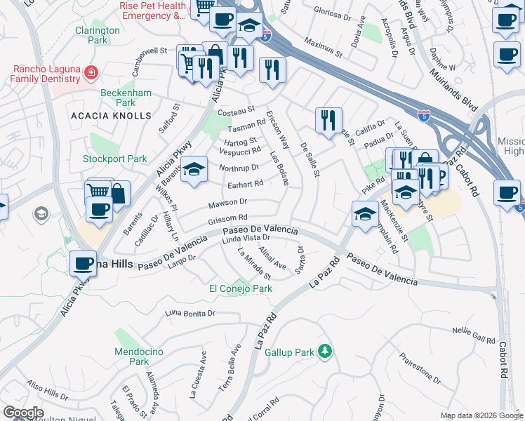 map of restaurants, bars, coffee shops, grocery stores, and more near 25261 Grissom Road in Laguna Hills