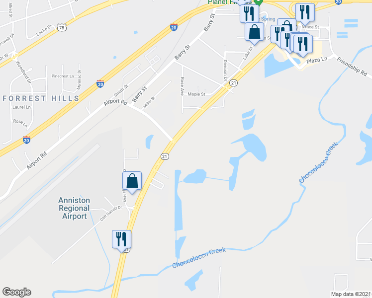 map of restaurants, bars, coffee shops, grocery stores, and more near 2255 Alabama 21 in Oxford