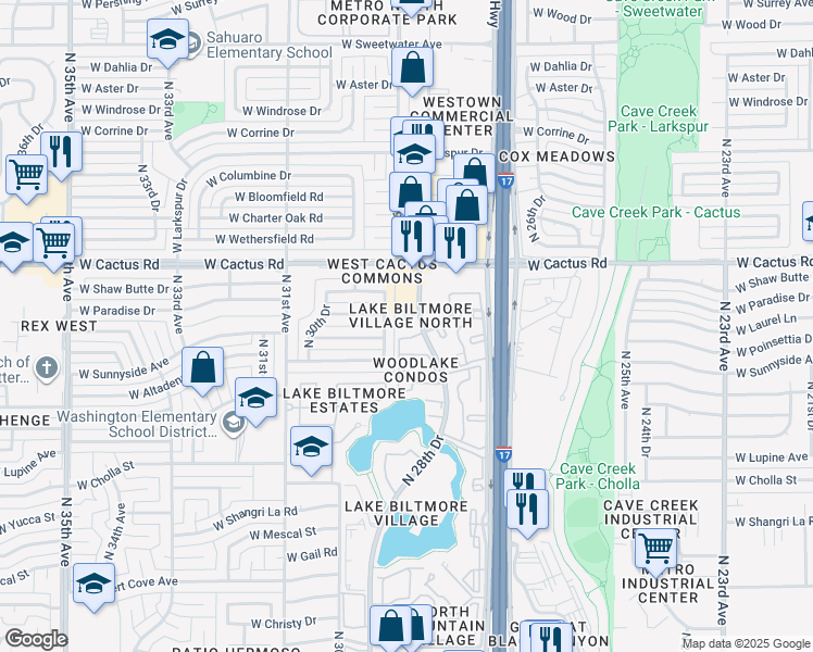 map of restaurants, bars, coffee shops, grocery stores, and more near 11666 North 28th Drive in Phoenix
