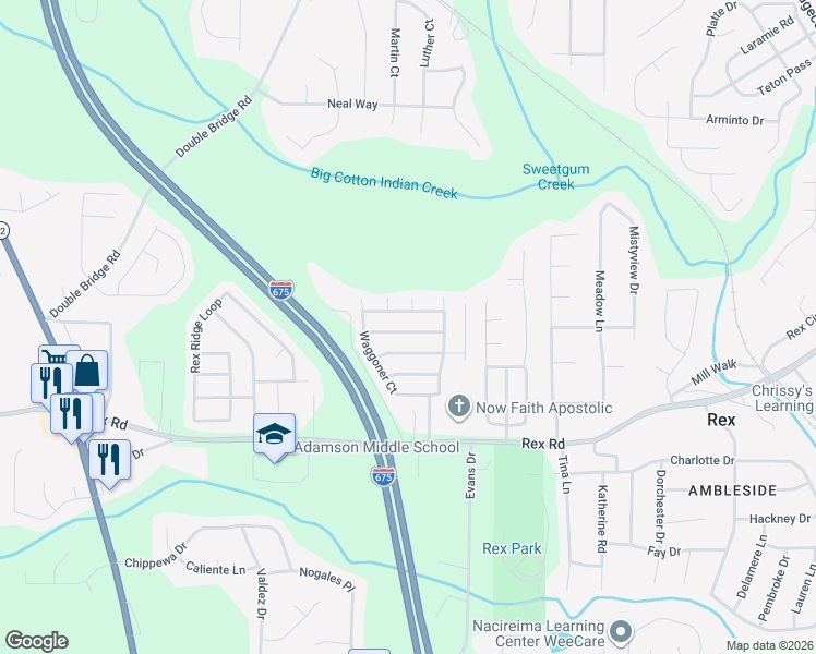 map of restaurants, bars, coffee shops, grocery stores, and more near 3352 Waggoner Place in Rex