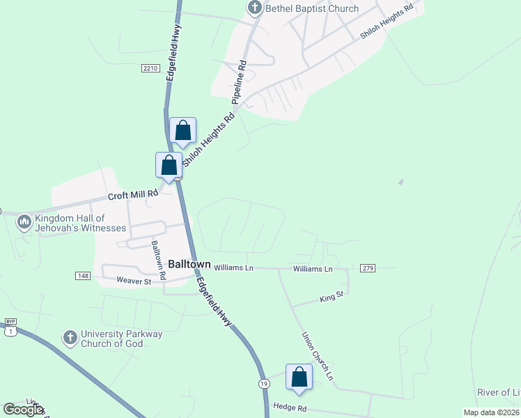 map of restaurants, bars, coffee shops, grocery stores, and more near 1268 Edgefield Highway in Aiken