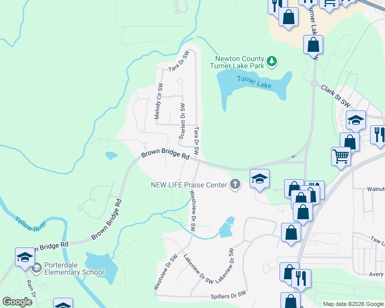 map of restaurants, bars, coffee shops, grocery stores, and more near 9107 Tara Drive Southwest in Covington