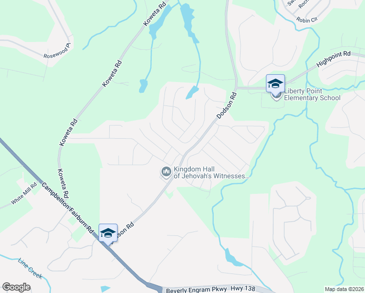 map of restaurants, bars, coffee shops, grocery stores, and more near 437 Lake Ridge Lane in Fairburn