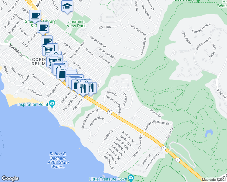map of restaurants, bars, coffee shops, grocery stores, and more near 428 Cabrillo Terrace in Newport Beach