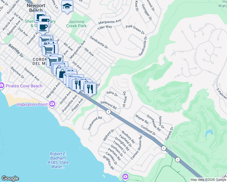 map of restaurants, bars, coffee shops, grocery stores, and more near 440 Cabrillo Terrace in Newport Beach