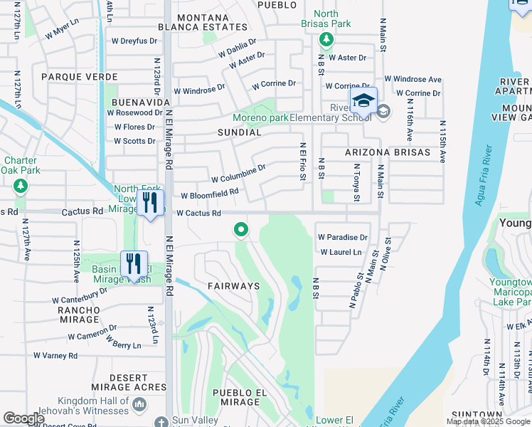 map of restaurants, bars, coffee shops, grocery stores, and more near West Cactus Road in Surprise