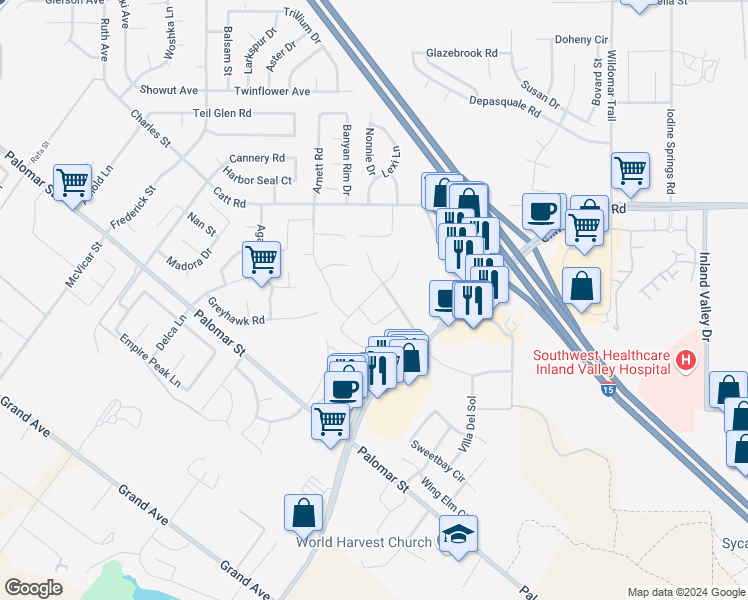 map of restaurants, bars, coffee shops, grocery stores, and more near 23407 Crystal Way in Wildomar