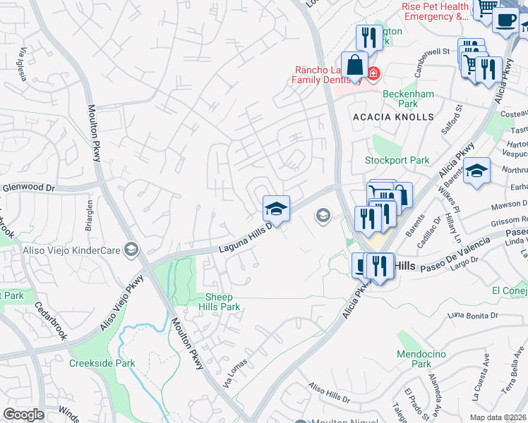 map of restaurants, bars, coffee shops, grocery stores, and more near 856 Ronda Mendoza in Laguna Woods